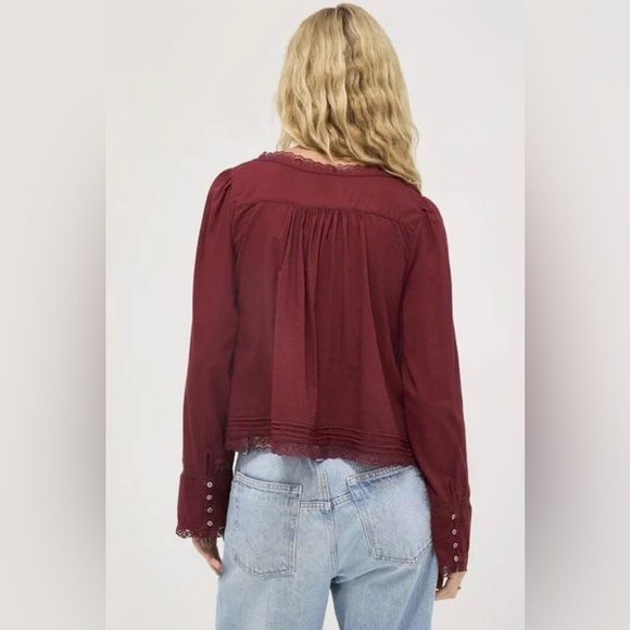 Free People Forevermore Crochet Lace Blouse Burgundy Boho Cotton Top Size L - Picture 4 of 13